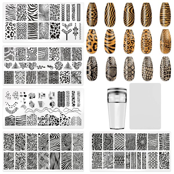 KAAGEE 5Pcs Leopard Print Nail Stamp Nail Stamping Plates Nail Art Stamping Plates Nail Design Stamp Nail Plate Template Nail Art Accessories Tools with 1 Nail Stamper, 1 Scraper