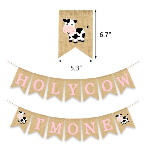 Gankbite Holy Cow I'm One Banner Farm 1st Birthday Party Decoration Barnyard Burlap Garlands Western Girl First Birthday Supplies Pink