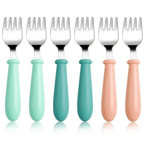 6 Pieces Toddler Forks Baby Forks Kids Forks with Round Handle, Stainless Steel Toddler Utensils Baby Silverware Metal Cutlery Set BPA Free, Dishwasher Safe