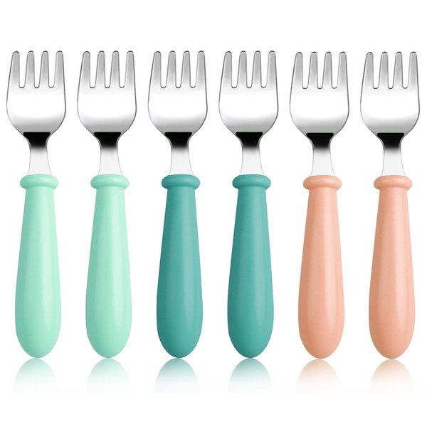 6 Pieces Toddler Forks Baby Forks Kids Forks with Round Handle, Stainless Steel Toddler Utensils Baby Silverware Metal Cutlery Set BPA Free, Dishwasher Safe