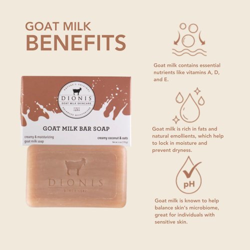 Dionis Goat Milk Skincare 6oz Creamy Coconut & Oats Scented Hand & Body Bar Soap - Moisturize, Restore, For All Skin Types, Non Greasy, No Residue - Cruelty Free Made In The USA - Paraben Free Formula