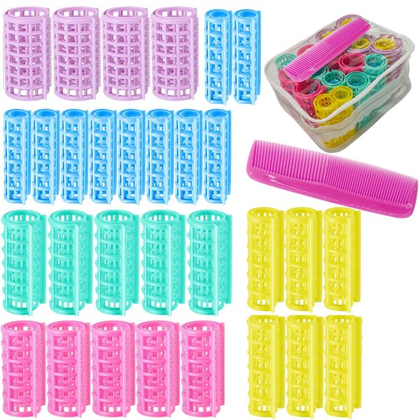 ZMD 30Pcs Hair Curlers Rollers Set, Snap on Rollers Self Grip Rollers Hairdressing Curlers Hair Curlers No Heat Hair Rollers for Long Hair Medium Hair Short Hair Rollers with Mini Comb 5 Sizes(Rose)