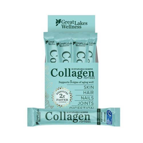Great Lakes Wellness Sustainable Marine Collagen Peptides Powder for Skin, Hair, Nails, Joints & Digestion - Unflavored - Hydrolyzed, Wild Caught, MSC Certified, Non-GMO, Kosher - 20 Sticks