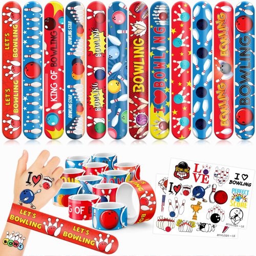 48 PCS Bowling Party Favors 24PCS Tattoos Stickers 24PCS Slap Bracelets Wristbands Perfect for Bowling Sport Themed Birthday Baby Showers or Classroom Rewards Ideal Decor and Gifts for Girls and Boys