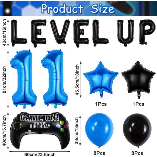 Video Game Birthday Party Set, Level Up 11 Video Game Balloons Controller Balloons Blue Black Stars Aluminum Foil Balloons Kit Decorations (11TH)