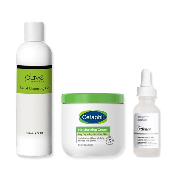Alive Intensity 'Cetaphil' Hydrating Moisturizing Cream | The 'Ordinary' Hyaluronic Acid 1 oz. | Cleansing Gel 4 oz.