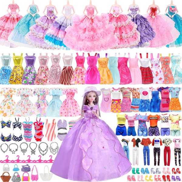 55PCS Girls 11.5Inch Doll Clothes Outfits and Accessories Set for Barbei Including 20 Dresses 3 Swimming Costume Bikini Set 3 Tops 3 Pants 10 Shoes 5 Jewelry 5 Bags 5 Hangers and 1 Doll with Hat