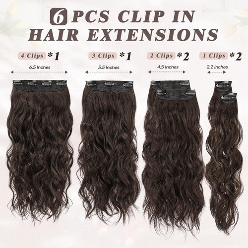 BARSDAR Clip in Hair Extensions for Women - 20 Inch Long Wavy Brown Hair Extensions Clip in - 6PCs Full Head Thick Soft Synthetic Clip in Hairpieces Daily Party Halloween- Dark Brown
