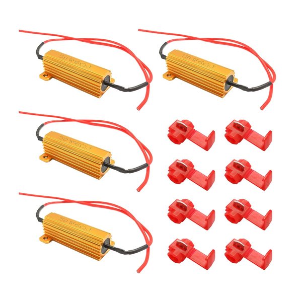 Osilly 50W 6Ohm Load Resistors, 4pcs Car LED Decoder Resistors, Fix LED Bulb Fast Hyper Flash Turn Signal Blink Error Code for Auto Headlights Fog Lights DRL, with 8pcs Quick Wire Clip (Gold)