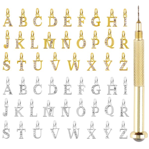 Kalolary Letter Dangle Nail Charm, 3D Piercing Alphabet Rhinestone Alloy Jewelry Hoops with Nail Piercing Tool Hand Drill for Valentine's Day Birthday Nail Art Decoration