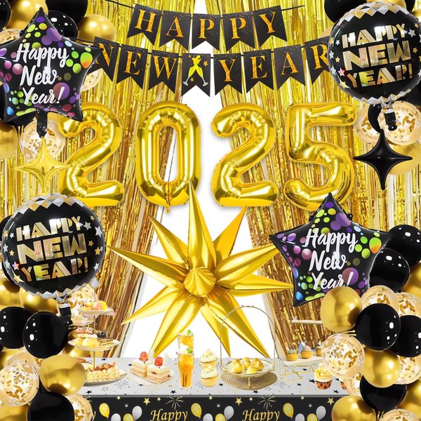 2025 New Years Party Decorations Kit, Happy New Year Balloons 2025, New Years Eve Party Supplies Set with 2025 Balloons,Happy New Year Banner, Explosion Balloons for Happy New Year Decorations 2025