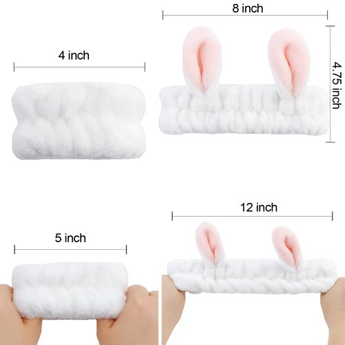 YISSION 6Pcs Face Wash Headbands and Wristbands Set Bunny Ears Headbands Spa Headband Makeup Headband Skincare Headbands with Wristbands for Women Girls Washing Face(White)