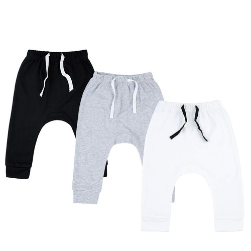 SOBOWO Infant Joggers for Boys Newborn Baby Boy 3-Pack Joggers Infant Baby Cotton Harem Pants for Toddler Boys Girls Interlock 195 GSM (0-3 Months, Black/White/Grey)