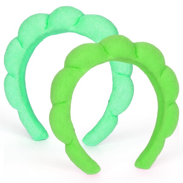 AMCAMI 2 PCS Puffy Spa Headband for Women Sponge Headbands for Girls Terry Towel Cloth Fabric Head Band for Skincare,Makeup Removal,Face Washing,Facial Mask,Shower,Hair Accessories（Green&Light Green）