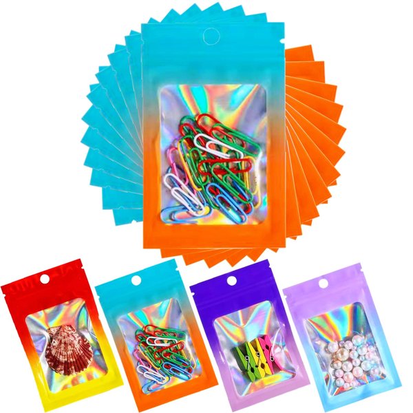 100 Pcs Holographic Smell Proof Mylar Bags,3.0x4.7 Inch Resealable Zipper Cosmetic Pouch Bags Packaging for Food Lip Gloss Lash Jewelry Storage