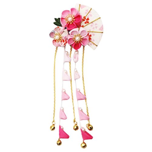 CRB Fashion Womens Kimono Traditional Tsumami Kanzashi Outfit Wedding Japanese Asian Yukata Hair Tie Flower Floral Fan Barrette Clip (Pink Off White)