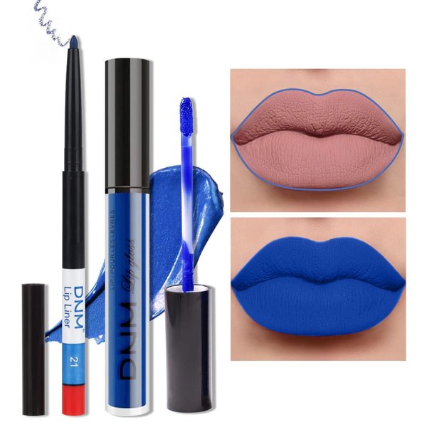 evpct 2Pcs Royal Light Blue Matte Liquid Lipstick and Lip Liner Pencil Makeup Set DNM Blue Lipstick 24H and with Lip Liner Set Waterproof Long Lasting labiales mate 24 horas originales 21#