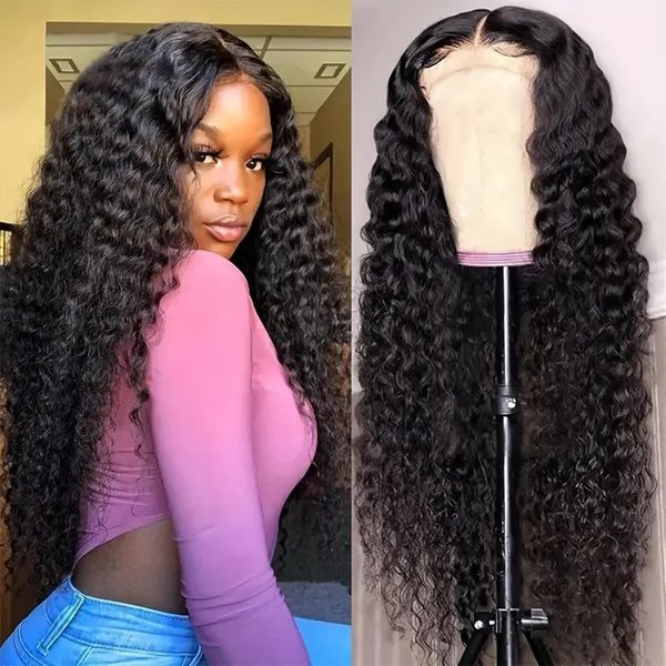 Generic Lace Front Wigs Human Hair Pre-Plucked Curly Deep Wave Wigs Transparent Lace Frontal Wigs for Black Women Lace Front Closure Glueless Black Wigs 26 inch