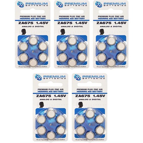 Premium Batteries Size 675, ZA675, PR44, P675 1.45V Zinc Air Hearing Aid Batteries Blue Tab (30 Batteries)