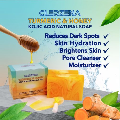 CLERZENA Honey Kojic Acid and Turmeric Soap Bars for Dark Spots | Vitamin C & E, Retinol, Collagen, Honey Oil | Spot Treatment for Face Bath Soap Bars | All Natural Soap Bar Face Soap for Women & Men
