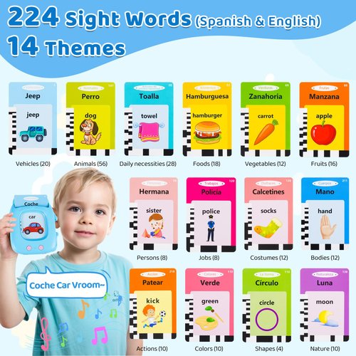 Toddler Toys Bilingual Spanish and English Talking Flash Cards for 3 4 5 6 Year Old Boy Girl Birthday Gift, Montessori Educational Learning Toys for Toddlers 3-6, Sensory Toys for Kids with Autism