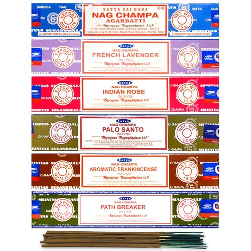 Satya Organic Incense Sticks- Gift Set of 6 Pack - Nag Champa,Indian Rose,French Lavender,Aromatic Frankincense, Palo Santo,Path Breaker, Natural Incense Sticks 15 Grams x 6 Pack, Blue