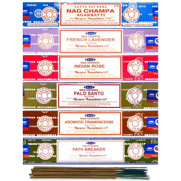 Satya Organic Incense Sticks- Gift Set of 6 Pack - Nag Champa,Indian Rose,French Lavender,Aromatic Frankincense, Palo Santo,Path Breaker, Natural Incense Sticks 15 Grams x 6 Pack, Blue