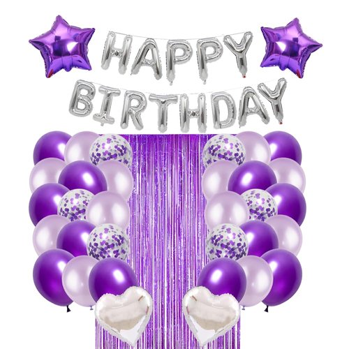 Purple Birthday Party Decoration, Happy Birthday Banner, Fringe Curtain, Pentagram Balloon, Heart Star Foil Balloon and Confetti Balloons for Women Girl Birthday Party