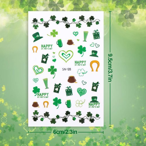 Konsait Luminous St. Patrick’s Day Nail Art Stickers(400 Patterns), Glow in The Dark Self-Adhesive Nail Decals, Leprechaun Shamrock Green Hat Beer, for Kids Girls Women DIY Nail Salon Decoration