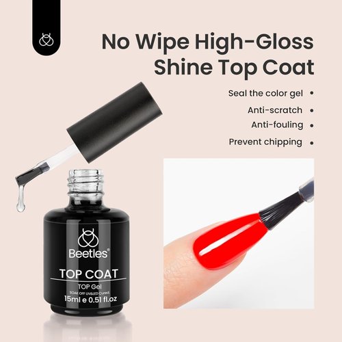 beetles Gel Polish 2Pcs 15ml No Wipe Top Coat High Gloss Shiny Long-Lasting Clear Gel Top Coat, Soak Off Nail Lamp Nail Gel, Home DIY Professional Manicure and Nail Salon