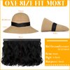 Lansigreen Sun Hat with Hair Extensions Hat Wig UPF 50+ Foldable Wide Brim Straw Beach Hat Attached 9" Wavy Hairpiece Synthetic for Women Summer Dark Black