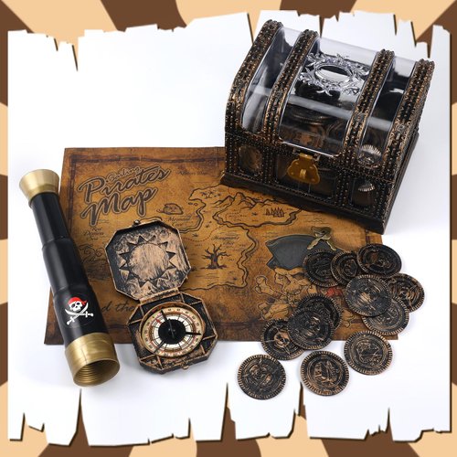 Bencailor 104 Pcs Halloween Pirate Treasure Chest Box Pirate Bronze Pirate Coins Vintage Pirate Map Compass Party Favor Telescope Pirate Accessories for Cosplay Props Party Supplies