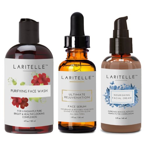Laritelle Organic Facial Care Complex | Purifying Face Wash 4 oz + Rejuvenating Face Serum 1 oz + Nourishing Face Cream 2 oz | Cellular Rejuvenation & Collagen Support