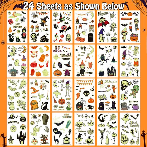 Partywind 250 Styles Glow Halloween Party Supplies, Luminous Halloween Temporary Tattoos for Kids Birthday Party Decorations Favors, Halloween Gifts Goodie Bag Fillers (24 Sheets)