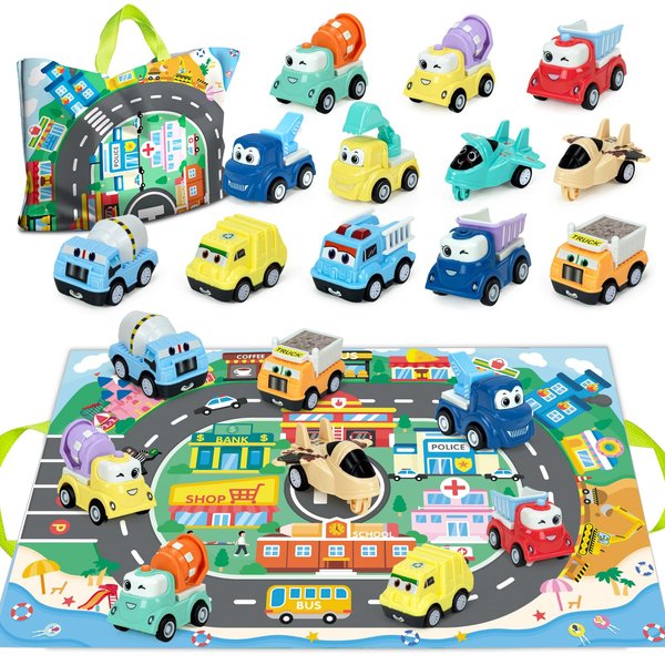 Baby Truck Car Toys with Playmat/Storage Bag, Baby Toys 12-18 Months|Toys for 1 2 3 Year Girl Boy| Baby Construction Vehicles 1st Birthday Gift Educational Toys for Infants Toddlers (12 Sets)