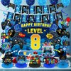Video Game 8th Birthday Party Decorations Blue Black Happy Birthday Level 8 Banner Backdrop Honeycomb Centerpieces Hanging Swirls Tissue Paper Pompoms Kit for Boy 8 Years Old Game Controller Supplies
