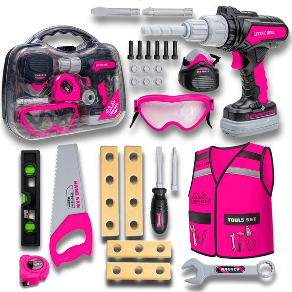 Toddler Girl Tool Set (Pink) with Carrying Case, Electronic Toy Drill & Vest – Pretend Play Tolls Kit with Safety Goggles, Gas Shield, Tape Measure, Saw, Bubble Level, Screwdriver, Nuts & Bolts