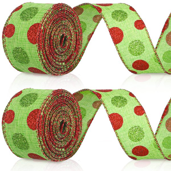 Tatuo 2 Rolls Christmas Wired Ribbon Christmas Glitter Burlap Ribbon Green Red Polka Dot Ribbon Christmas Tree Decoration DIY Craft Bows Wreath(Green Base, 1.5 Inch x 6 Yard Per Roll)