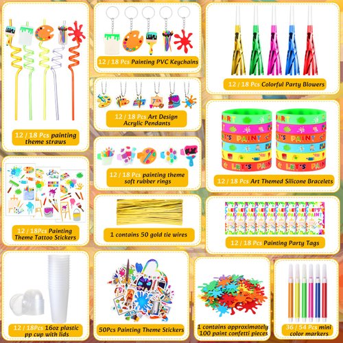 Tondiamo 206 Pcs Art Paint Party Favors Include Gift Cup Plastic Straw Color Pen Keychain Pendant Bracelet Ring Temporary Tattoo Party Blower Card Splatter Confetti for School Reward Birthday Party
