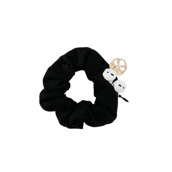 SUNEBOIZ Zipper Scrunchies, Pocket Scrunchie, SECRET & HIDDEN, Velvet Hair Ties Bracelet, Compatible with Apple AirPods 3&2&1, Key Money Chapstick Storage Bag, Elastics Hair Band (Simple Black)