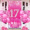 Pink 17th Birthday Decorations for Girls Boys Pink Happy 17th Birthday Door Cover Banner & 18Pcs Happy 17th Birthday Balloons Decorations for Hot Pink 17th Birthday Anniversary Party Supplies