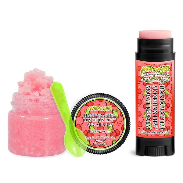Cherry Cream Soothing & Luscious Lips by OverSoyed Exfoliator & Chapped Lip Repair Lip Care Combo | Artisan Handcrafted to Order Dark Cherry Creamy Vanilla Flavored Exfoliating Sugar Lip Scrub & Lip Moisturizer Balm Gift Set