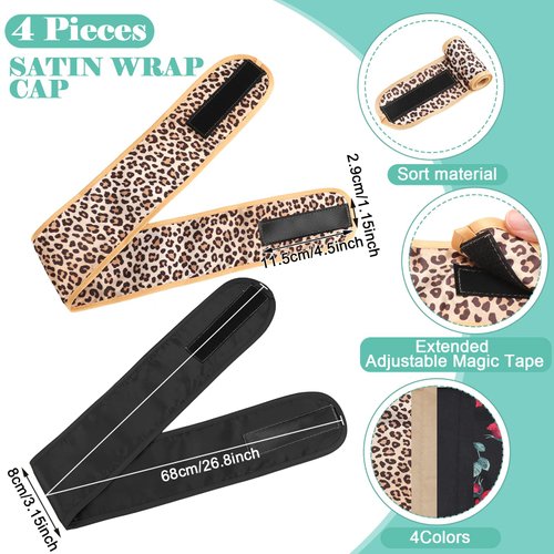 Eurzom 4 Pieces Satin Hair Wrap Scarf Satin Headband for Black Women's Hair Adjustable Silk Hair Wraps for Sleeping Nonslip Strips (Black, Champagne,Leopard Print, Flower)
