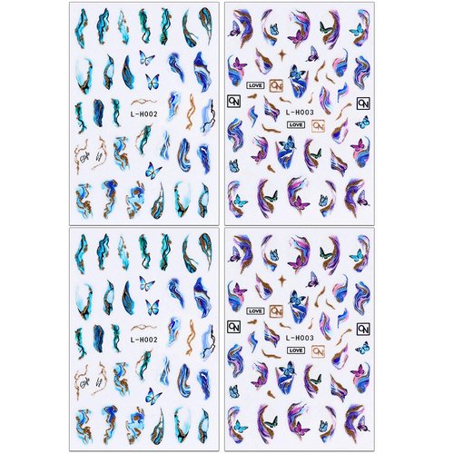 4 Sheets Purple Marble Smoky Nail Stickers,Blue Abstract Geometry Line Nail Art Stickers Golden Wave Lines Nail Decals Spring Butterfly Nail Design Sticker Nails For Nail Art Supplies Nail Accessories
