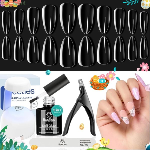 Beetles Gel Nail Kit Almond Nail Tips Easy Nail Extension Set 5 In 1 Nail Glue Gel with Pre shaped Medium Almond Soft Gel Nail Tips and UV Led Nail Lamp Acrylic Nail Clipper for Nail Art Diy