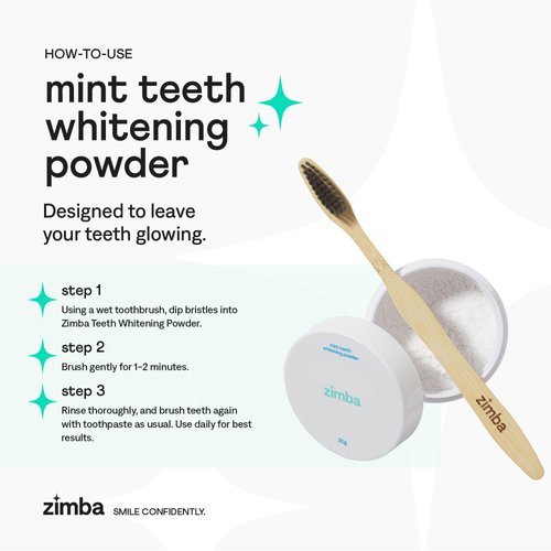 Zimba Activated Day & Night Whitening Powder Kit - Minty (30 g) and Activated Organic Charcoal Teeth Whitening Powder (30 g) with a Free Bamboo Toothbrush for Coffee, Wine, Tobacco, and Other Stains