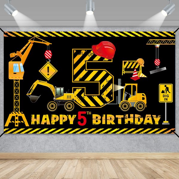 Construction 5th Birthday Banner Decorations for Boys Kids, Dump Truck Construction Theme Five Birthday Party Supplies, Excavator Crane Digger Five Year Old Banner Sign