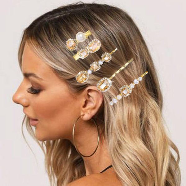 CAKURE Rhinestone Hair Clips Gold Champagne Crystal Hairpins Pearl Hair Barrettes Gift Decorative Hair Accessories for Women and Girls (Pack of 5) (a-champagne)