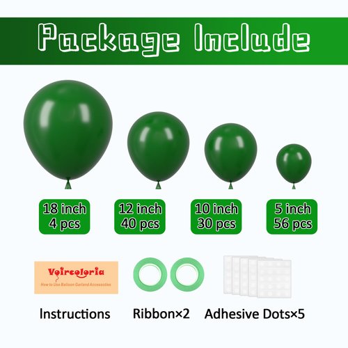 Voircoloria 130pcs Dark Green Balloons Different Sizes 18" 12" 10" 5" Hunter Green Balloons for Birthday Dinosaur Baby Shower St. Patrick's Day Summer Jungle Forest Safari Party Decorations