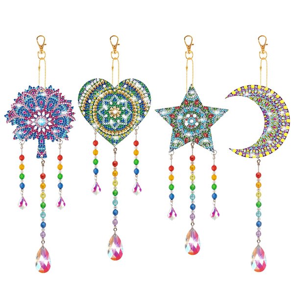 Coldairsoap 4 Pack Diamond Painting Suncatcher, Diamond Painting Wind Chimes Double Sided Crystal Gem Paint by Number Diamond Painting for Home Garden Decoration (Style 1)